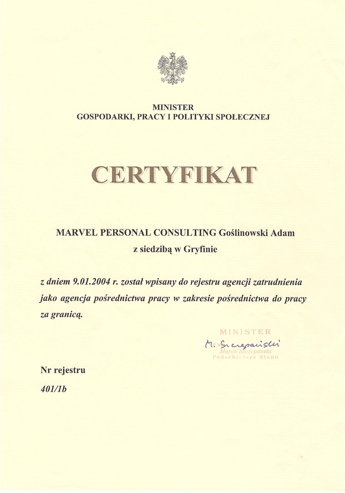 Certyfikat w zakresie pośrednictwa do pracy za granicą