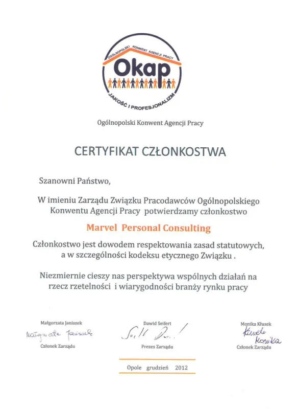 Certyfikat potwierdzający przynależność do Ogólnopolskiego Konwentu Agencji Zatrudnienia